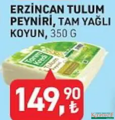 TARIM KREDİ TARSÜT ERZİNCAN TULUM PEYNİRİ TAM YAĞLI KOYUN 350 G fiyat ve kampanya bilgisi